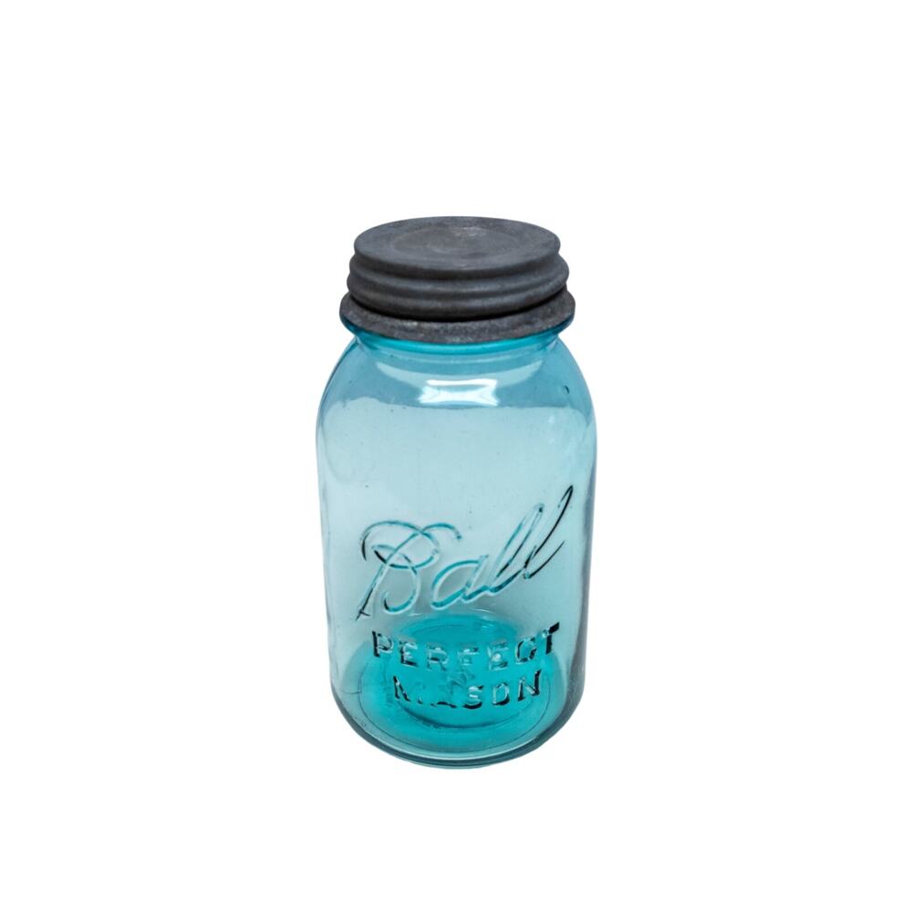 Vintage BALL PERFECT MASON Jar Aqua Blue Glass 1 Quart With Antique Zinc Lid